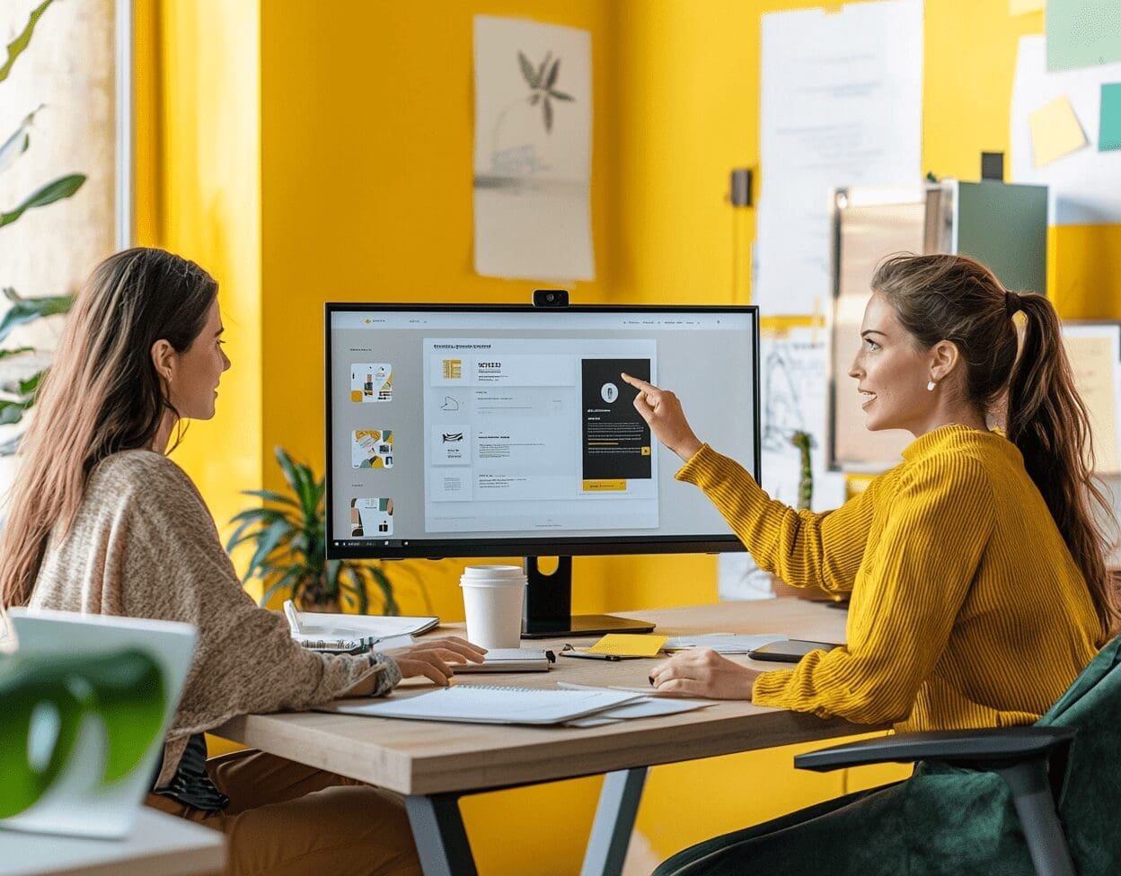 Two women collaborating on a website layout in a modern office, reviewing web designs on a desktop screen with bright yellow accents
