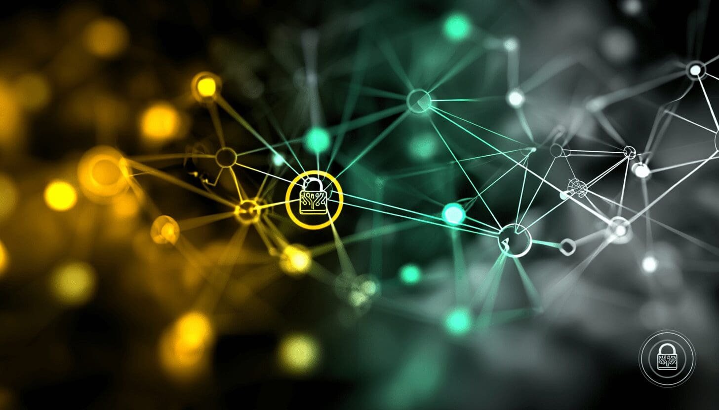 Abstract digital network of glowing nodes and lines with padlock icons, symbolizing cybersecurity and secure data transmission.