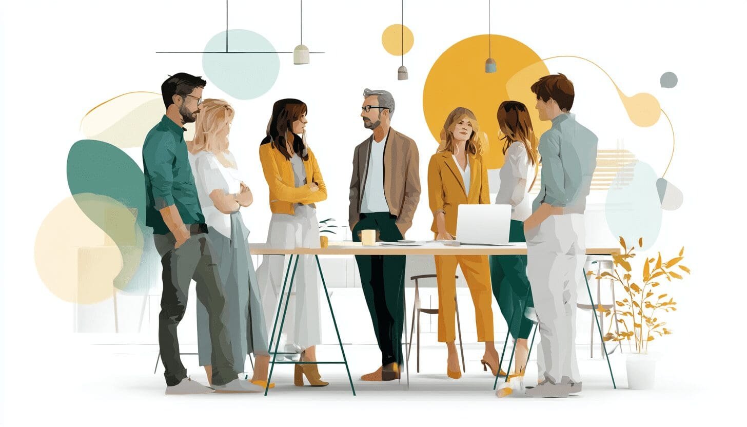 Illustrated group of diverse professionals standing around a table in a modern office setting, engaged in discussion and brainstorming.