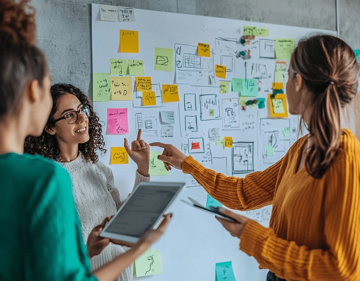 Creative team collaborating in front of a whiteboard filled with sticky notes, wireframes, and website planning sketches
