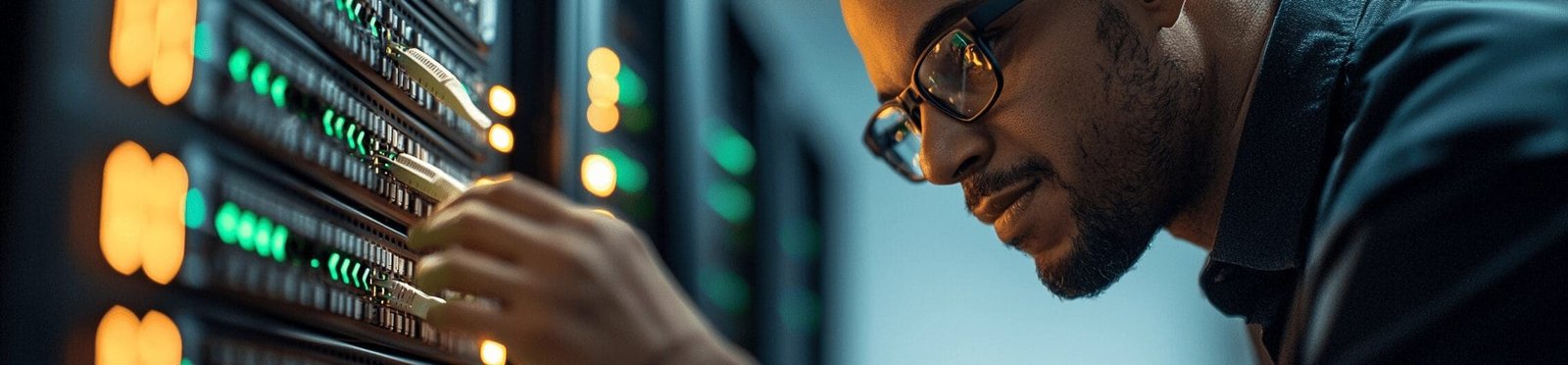 IT specialist configuring server hardware in a secure data centre environment, ensuring reliable managed hosting services.