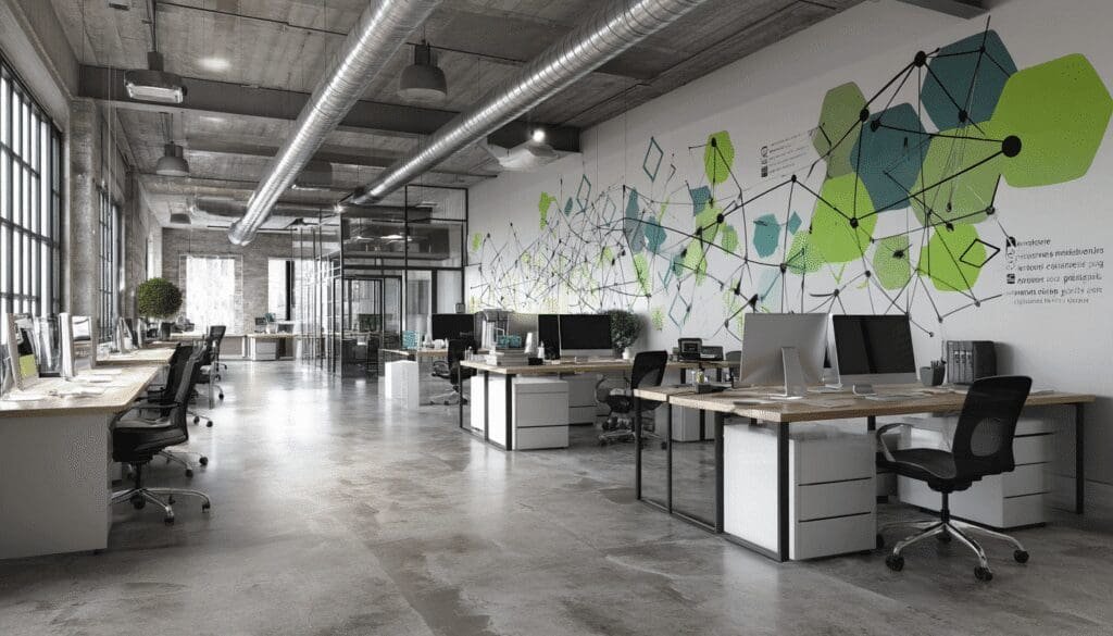 Spacious modern industrial-style office with an abstract geometric network mural on the wall, featuring green and blue hexagons.