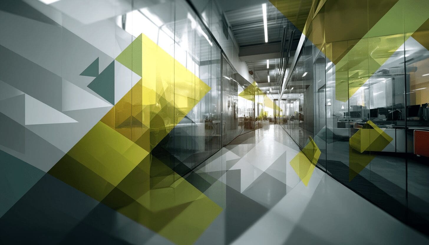 Bright modern office corridor with glass walls overlaid by transparent geometric shapes in yellow and green tones.