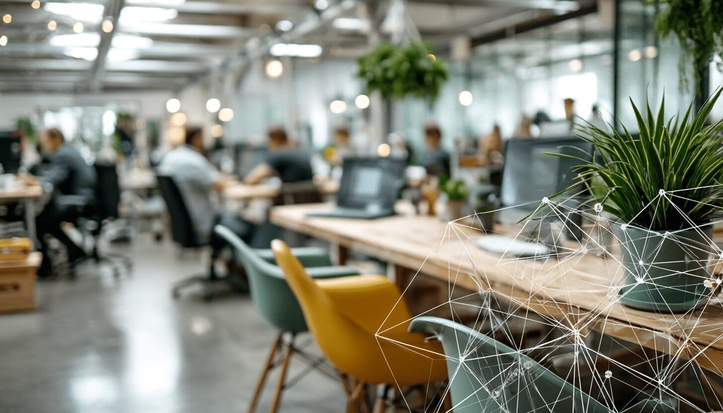 Modern open-plan office with laptops, green plants, and a digital network overlay illustrating connectivity and data flow.