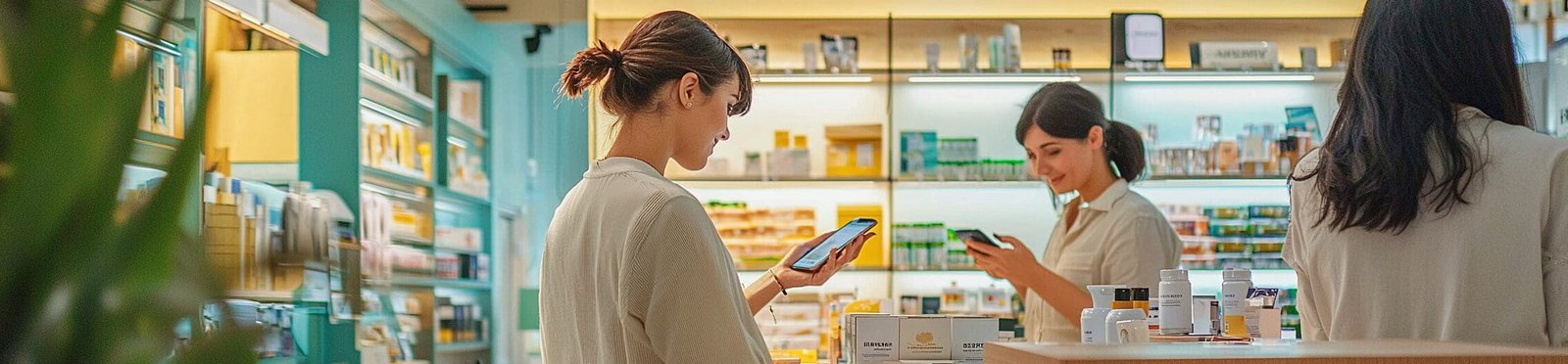 Customers using mobile devices to browse products in a brightly lit modern pharmacy with shelves of health and wellness items