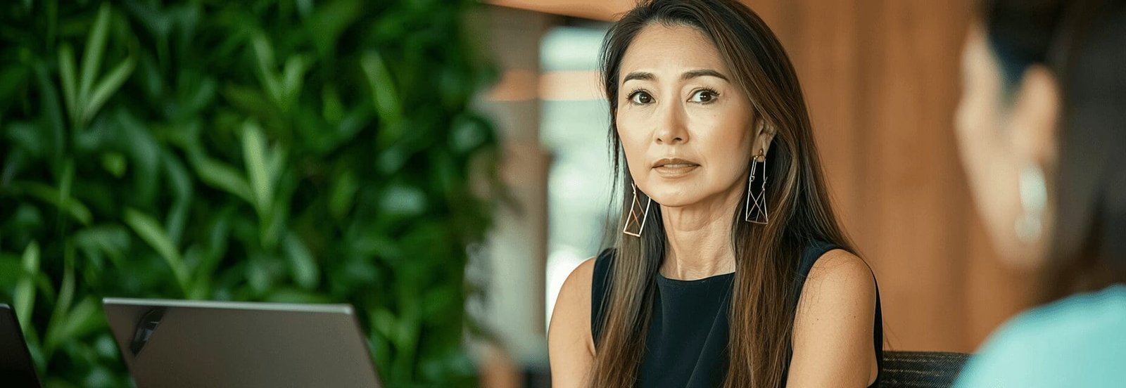 Two professional women engaged in a focused business conversation in a modern office setting.