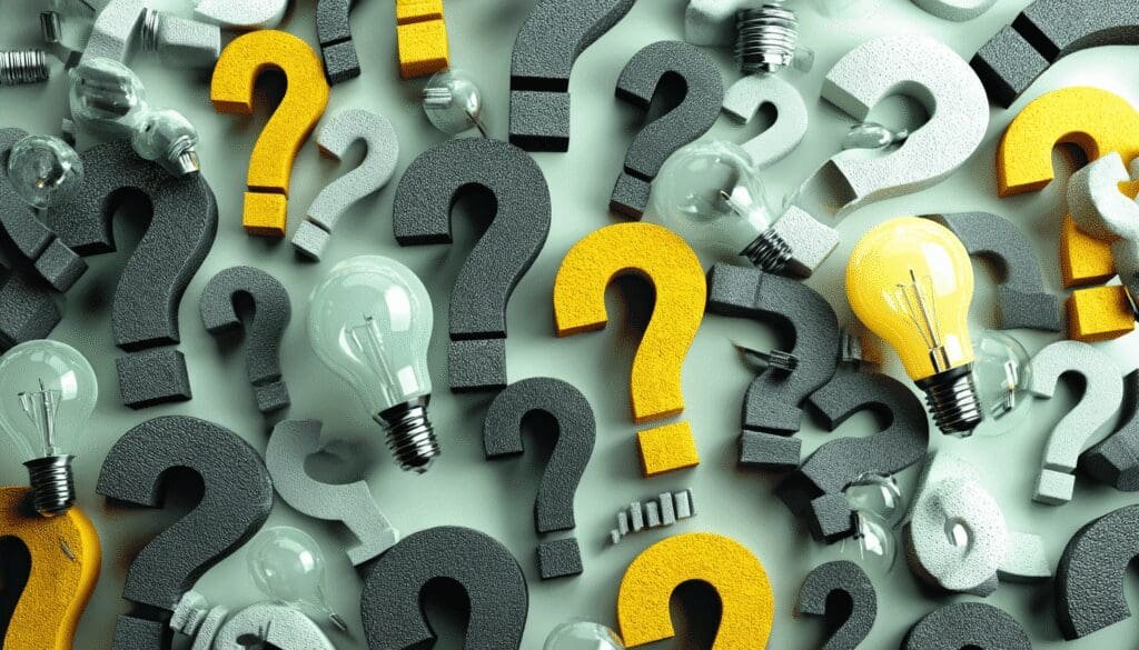 A creative arrangement of black, gray, and yellow question marks with scattered light bulbs symbolizing curiosity, innovation, and problem-solving.