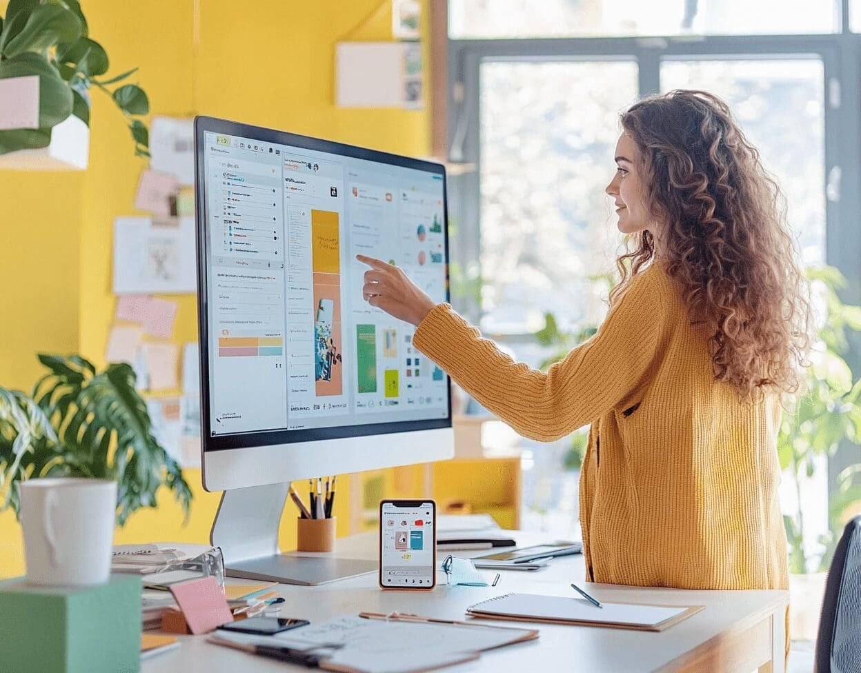 Young woman creating a social media campaign on a desktop screen in a bright office with yellow walls and green plants