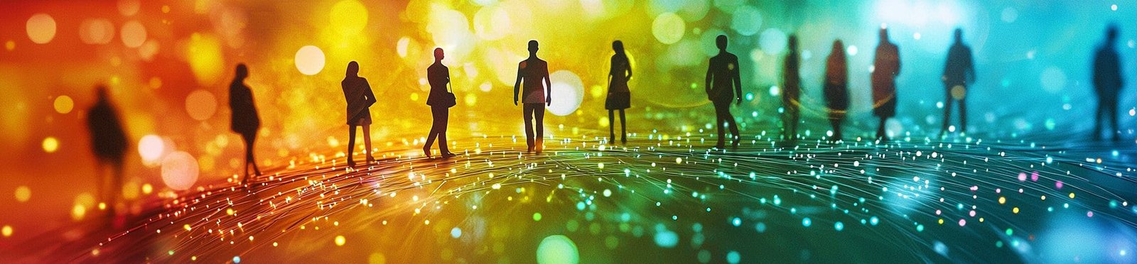 Silhouettes of people connected by colorful digital lines on a glowing abstract background, representing social media networks and engagement