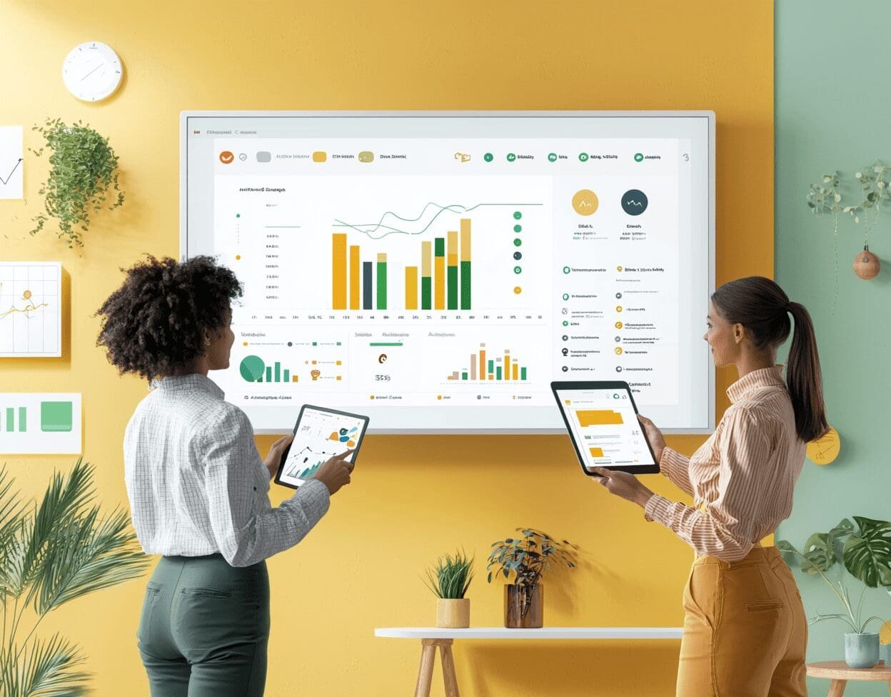 Two women reviewing social media analytics on a large digital dashboard screen in a brightly coloured office with tablets in hand