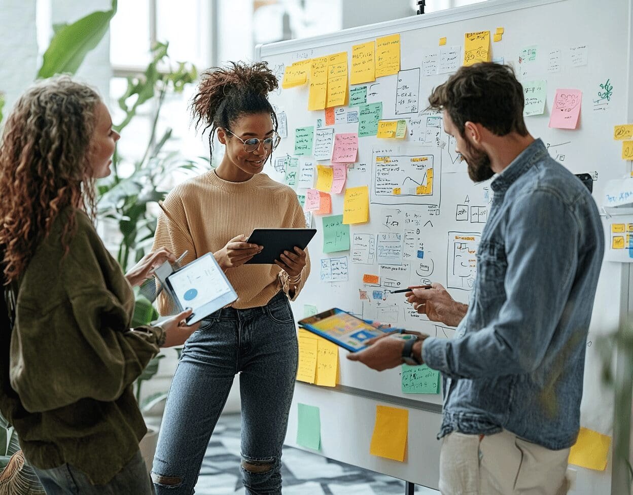 Creative team collaborating in front of a whiteboard filled with post-it notes, wireframes, and data charts during a social media strategy session