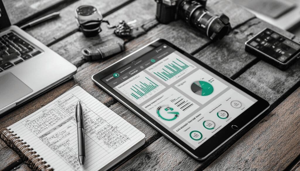 Tablet displaying data dashboards on a rustic wooden desk next to handwritten notes, a laptop, and camera gear.