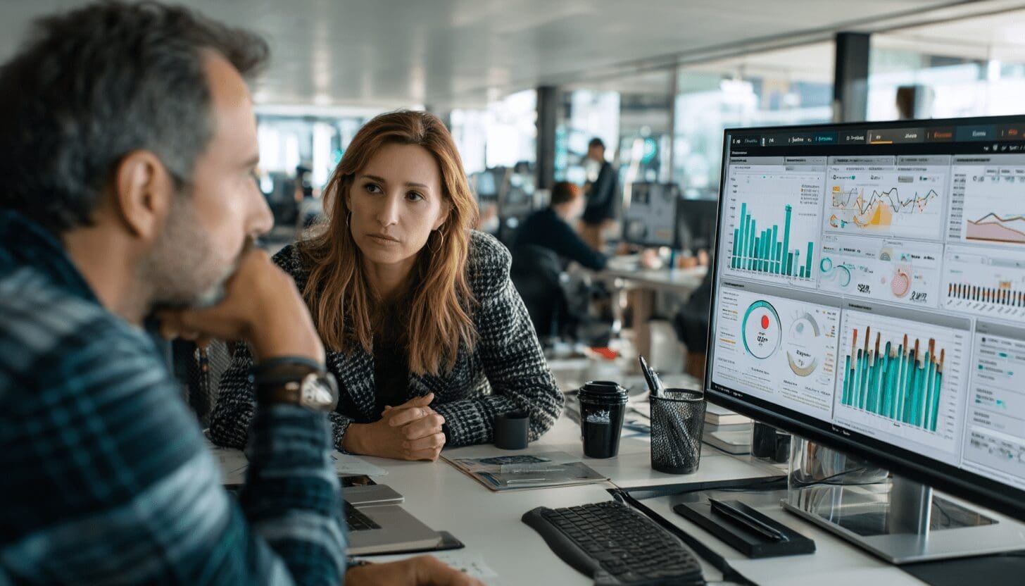 Two colleagues analyzing data visualizations and charts on a large monitor in a modern office setting.