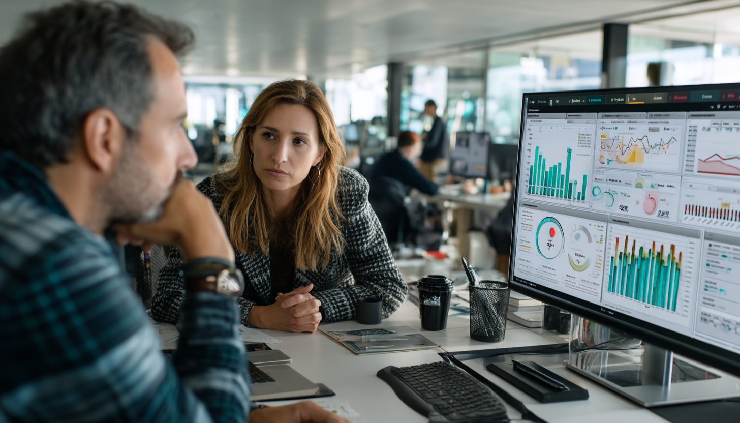 Team Data Analysis with Business Intelligence Dashboards Two colleagues analyzing data visualizations and charts on a large monitor in a modern office setting.
