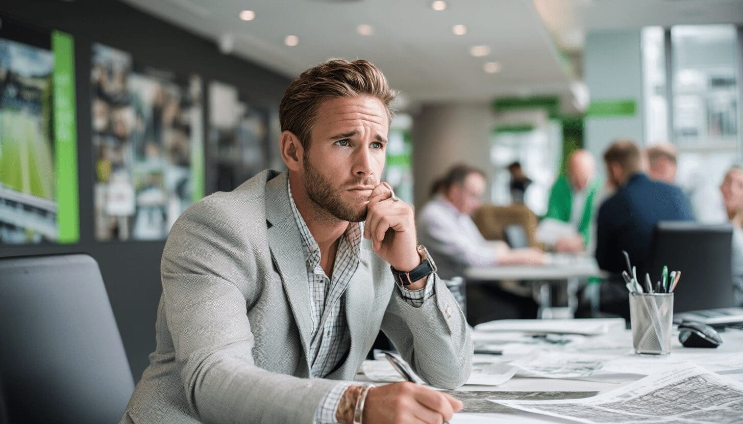 Thoughtful professional man in a blazer sitting at a desk with documents, in a modern office with a collaborative team in the background.