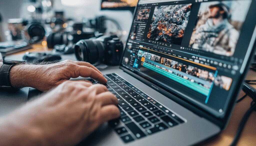 Close-up of a person's hands editing video on a laptop with professional cameras and gear in the background.