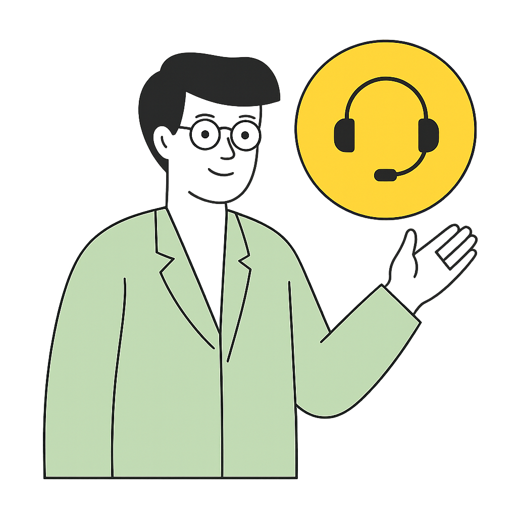 Dedicated Local Website Support Illustration Illustration of a man in a green blazer gesturing beside a yellow support icon with a headset, symbolizing dedicated customer support.