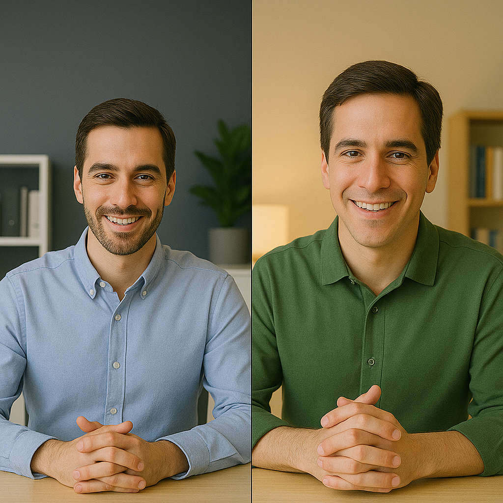 Split-screen image of a Digital Rugby representative and a client in a video call, both smiling and engaged in conversation.
