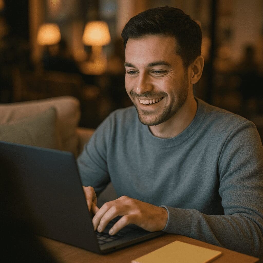 Smiling man using a laptop in a cozy, modern workspace with warm lighting.