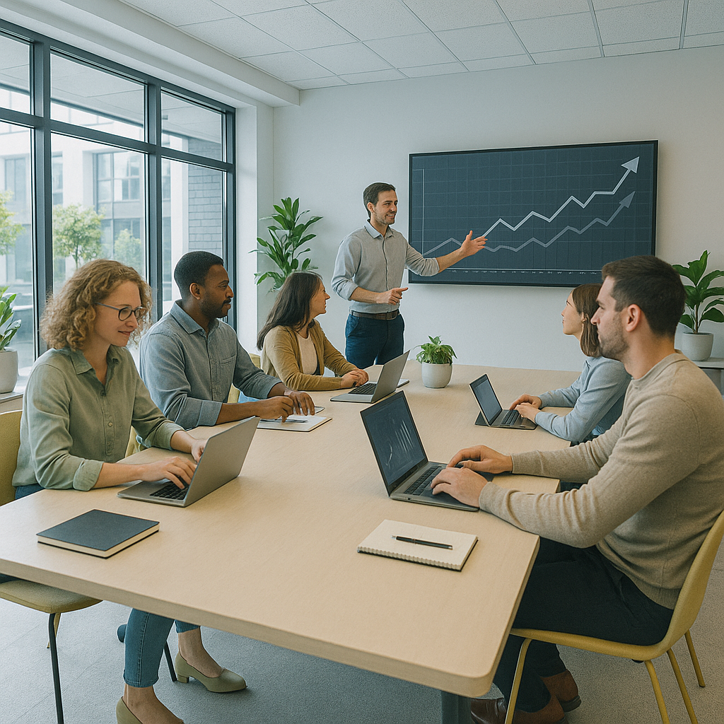 Modern office team collaborating around a table with a presenter explaining a graph on a wall display.