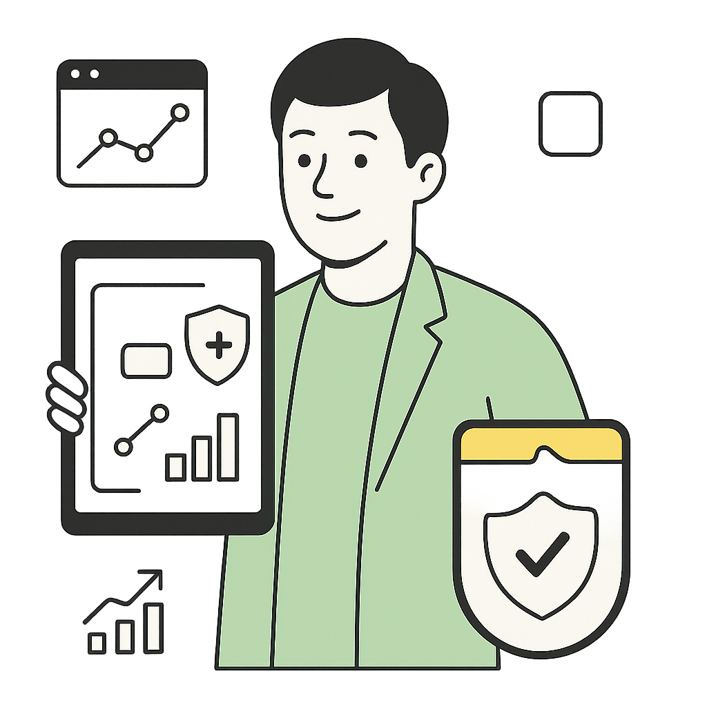 Monthly Website Insight Reports Illustration Illustration of a man holding a tablet with graphs, charts, and shield icons representing monthly website performance reports.