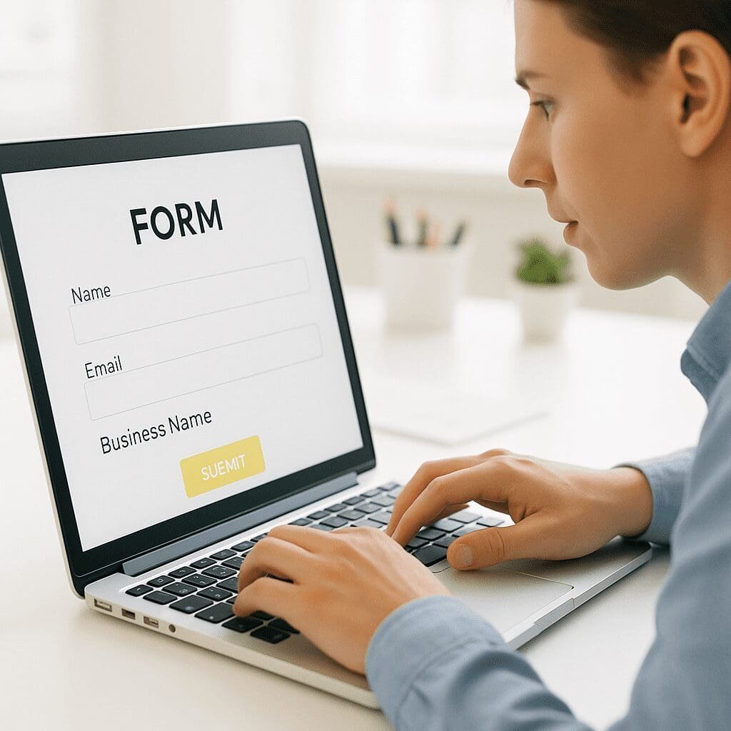 Close-up of a person typing on a laptop while filling out an online form with fields for Name, Email, and Business Name.