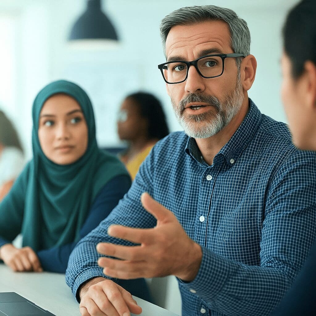Team Collaboration in a Diverse Workplace Professional team in discussion, featuring a middle-aged man speaking and a woman in a teal hijab listening attentively