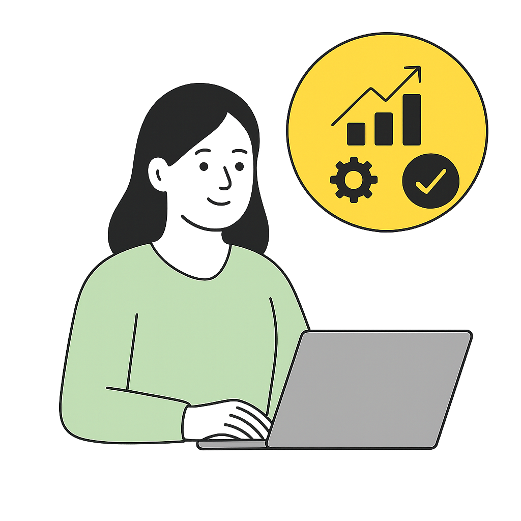 Quarterly Website Improvement Review Illustration Illustration of a woman at a laptop with improvement icons showing growth, settings, and a checklist, representing quarterly website reviews.