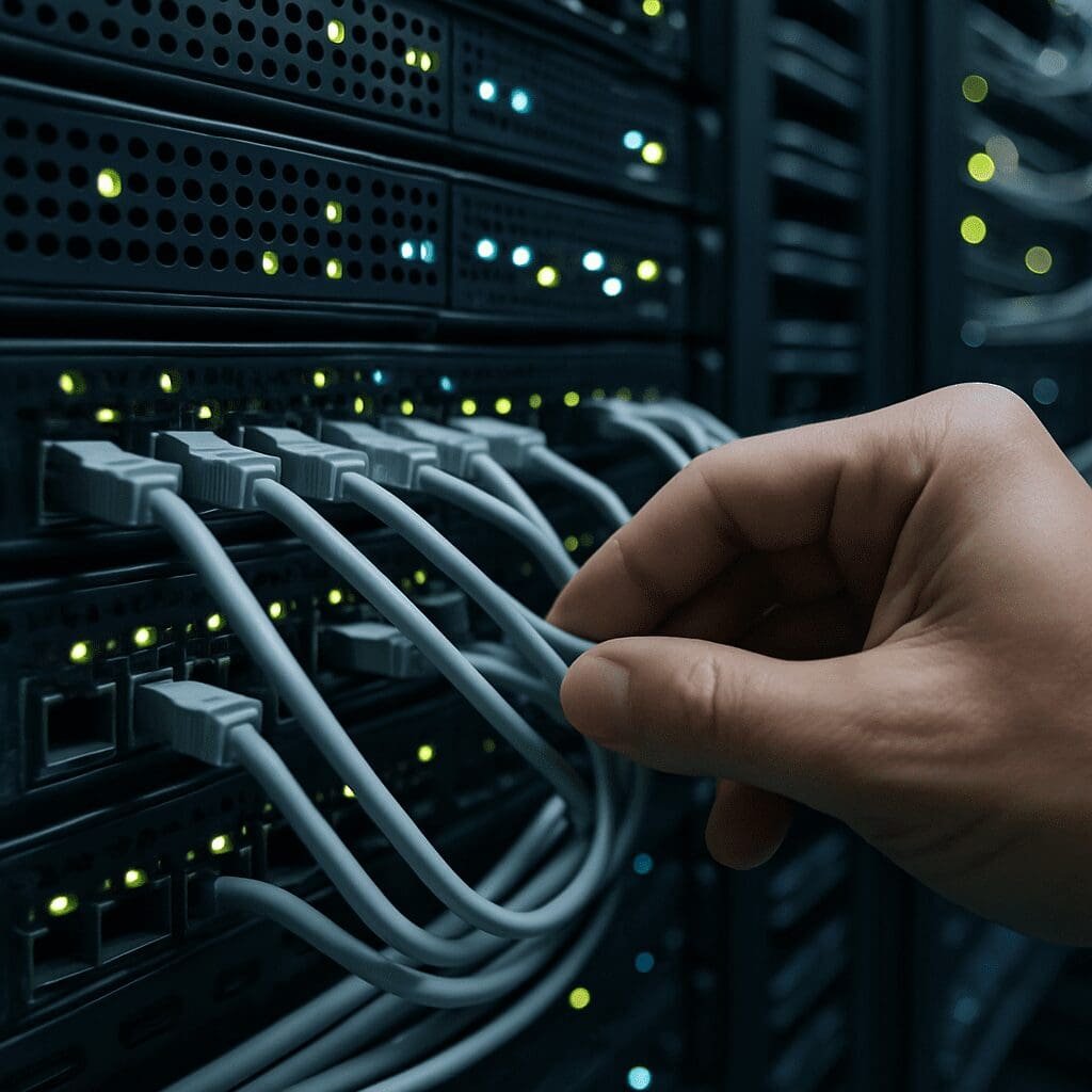 Close-up of a hand adjusting Ethernet cables in a server rack with blinking LED lights.