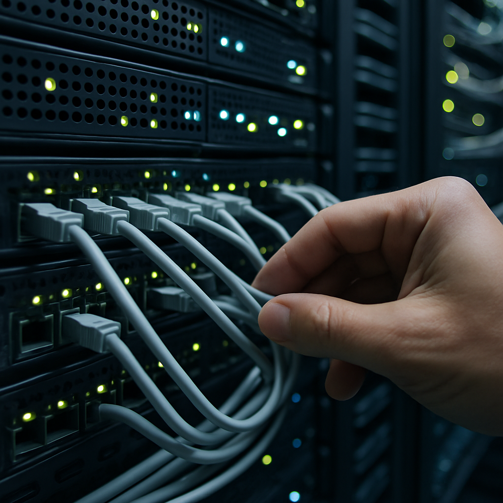 Close-up of a hand adjusting Ethernet cables in a server rack with blinking LED lights.