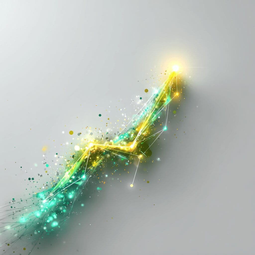 Abstract glowing growth curve with teal and yellow light particles on a grey background.