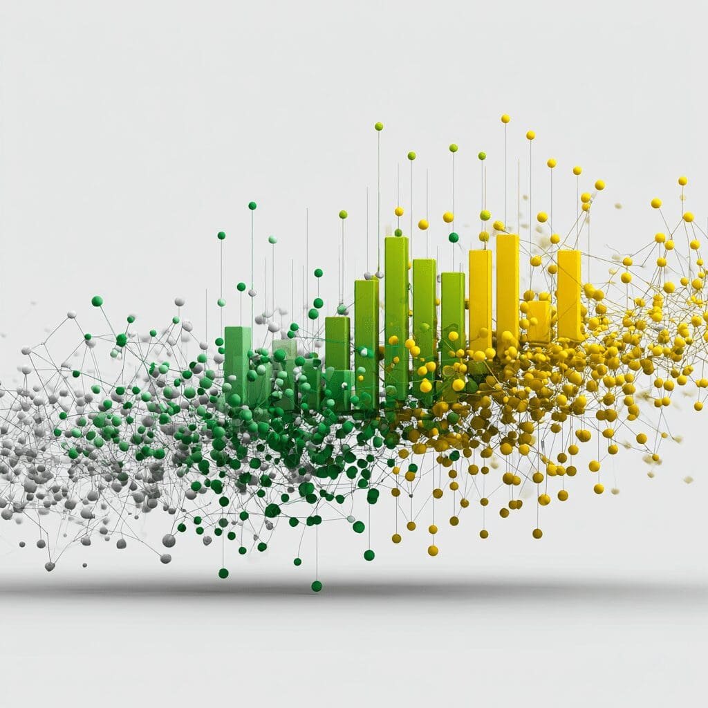 Abstract 3D data visualization with green and yellow bar charts emerging from a dynamic network of nodes.