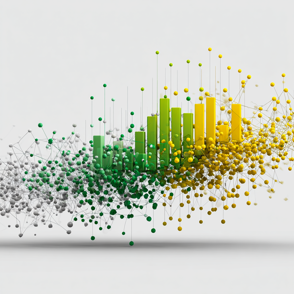 Abstract 3D data visualization with green and yellow bar charts emerging from a dynamic network of nodes.