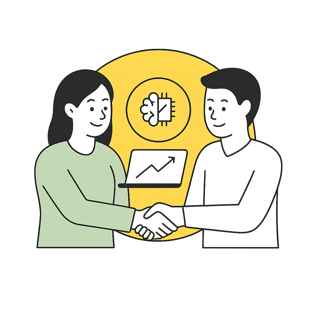 Business Collaboration and Growth Illustration Flat-style illustration of two characters shaking hands and interacting with a tablet displaying an upward graph, framed by a yellow circular badge.