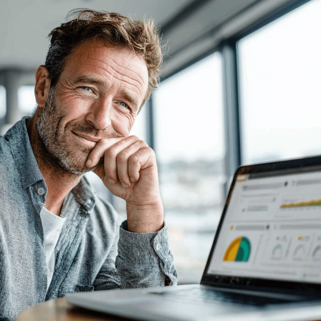 Confident middle-aged man sitting by a window, smiling while viewing an analytics dashboard on his laptop.
