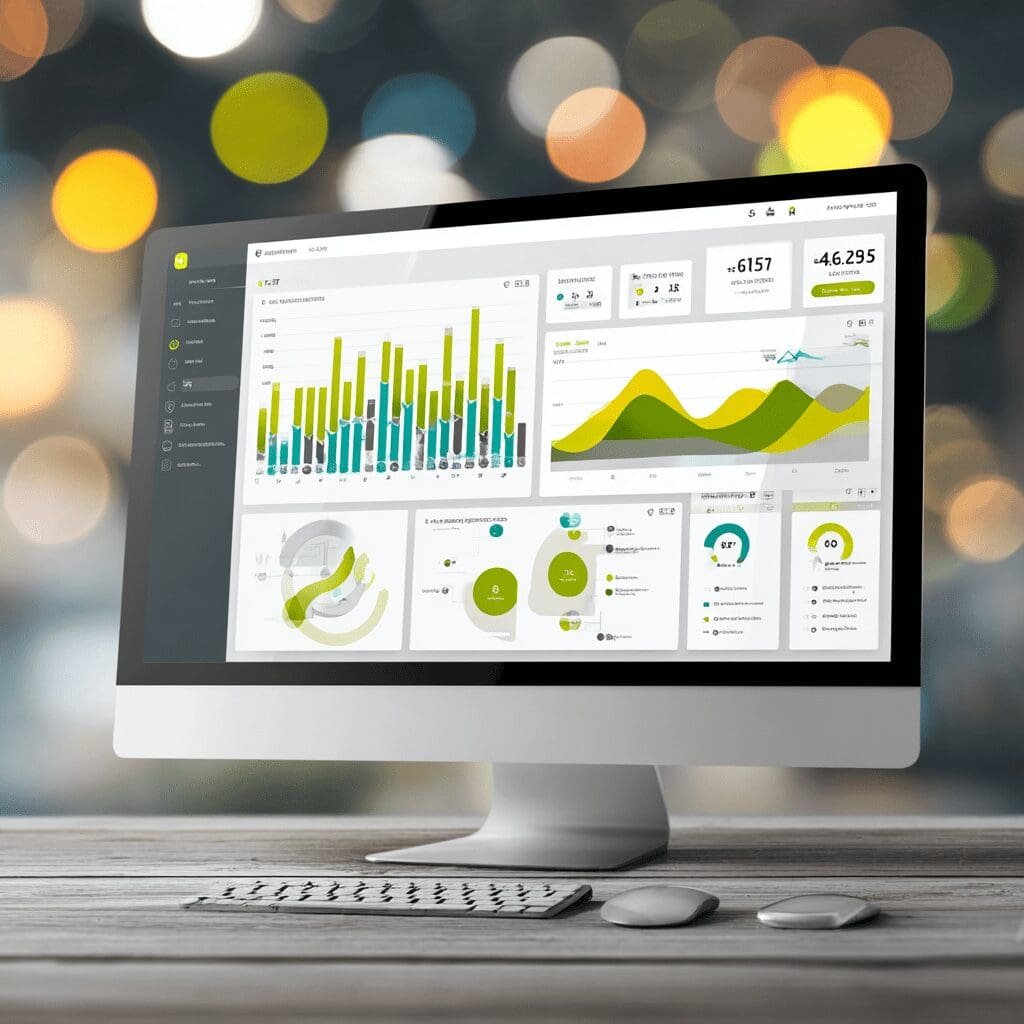 Modern desktop computer displaying a colorful data analytics dashboard with charts and graphs.