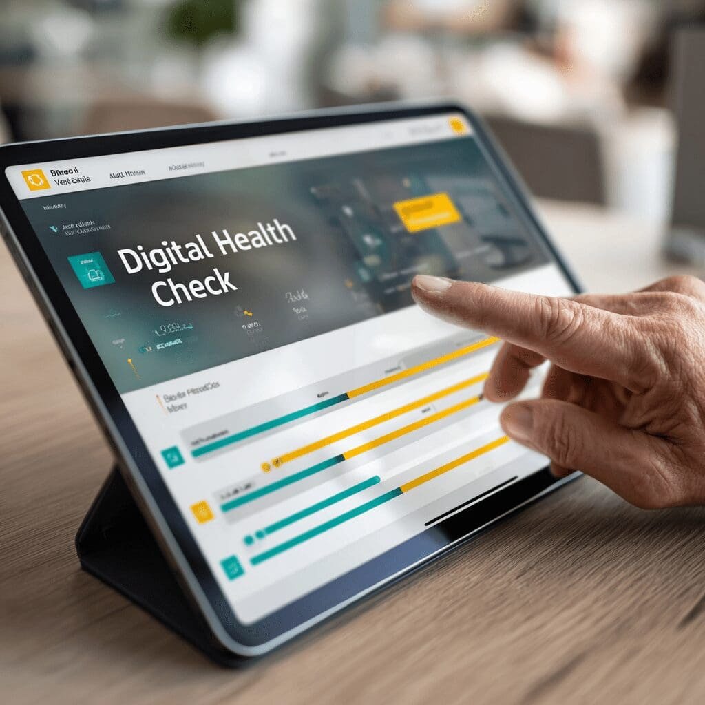 Close-up of a person's hand interacting with a digital health check dashboard on a tablet screen.