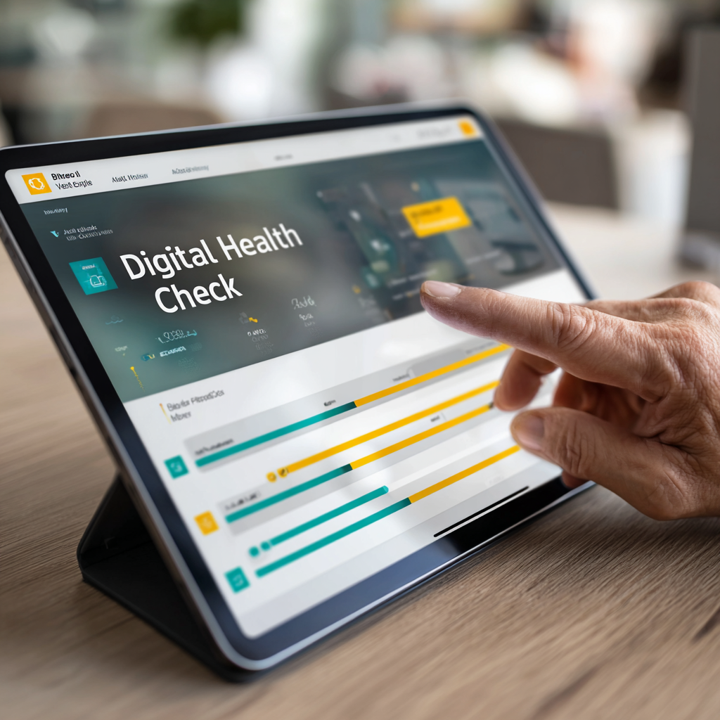 Close-up of a person's hand interacting with a digital health check dashboard on a tablet screen.