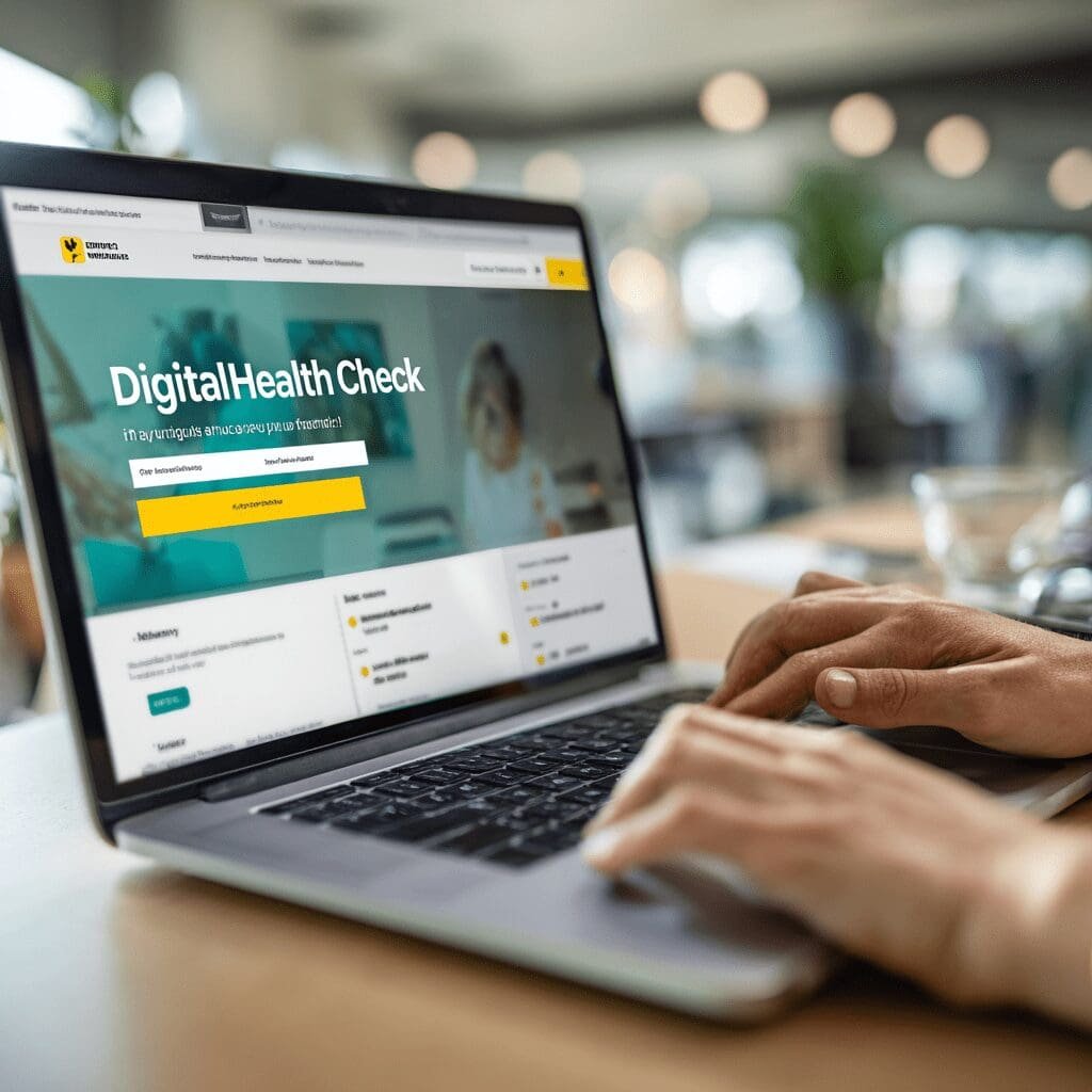 Person using a laptop to access a digital health check website in a bright, modern office.