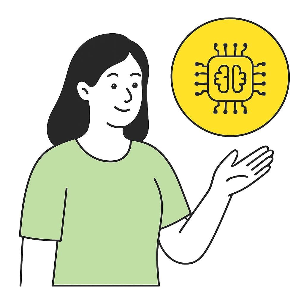 Illustration of a woman in a light green shirt gesturing toward a yellow circle containing a brain microchip icon, symbolizing ethical AI.