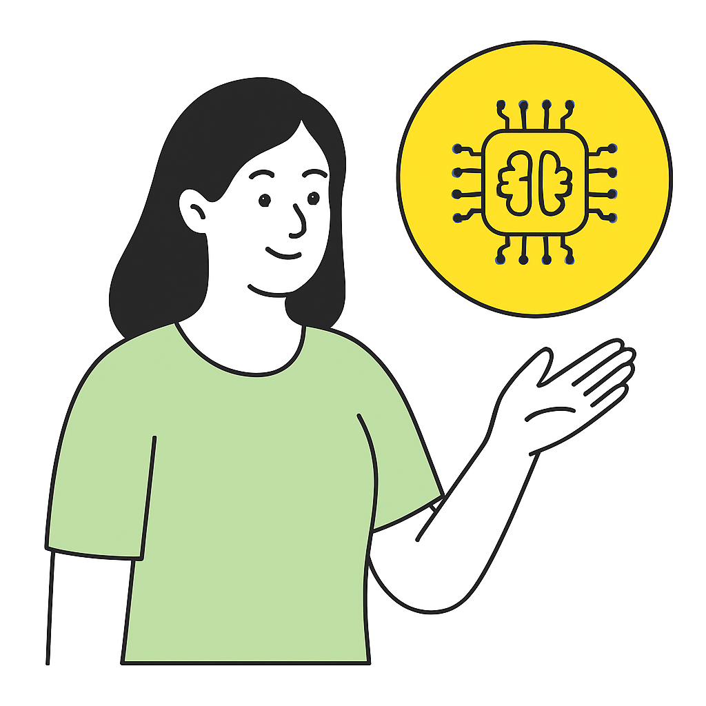 Ethical Artificial Intelligence Illustration Illustration of a woman in a light green shirt gesturing toward a yellow circle containing a brain microchip icon, symbolizing ethical AI.