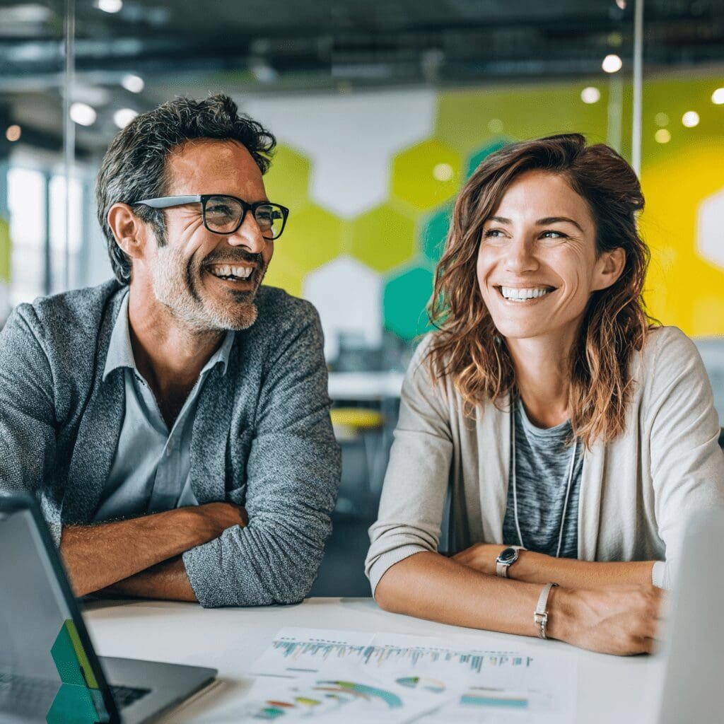 Smiling man and woman collaborating over documents and a laptop in a colorful modern office.