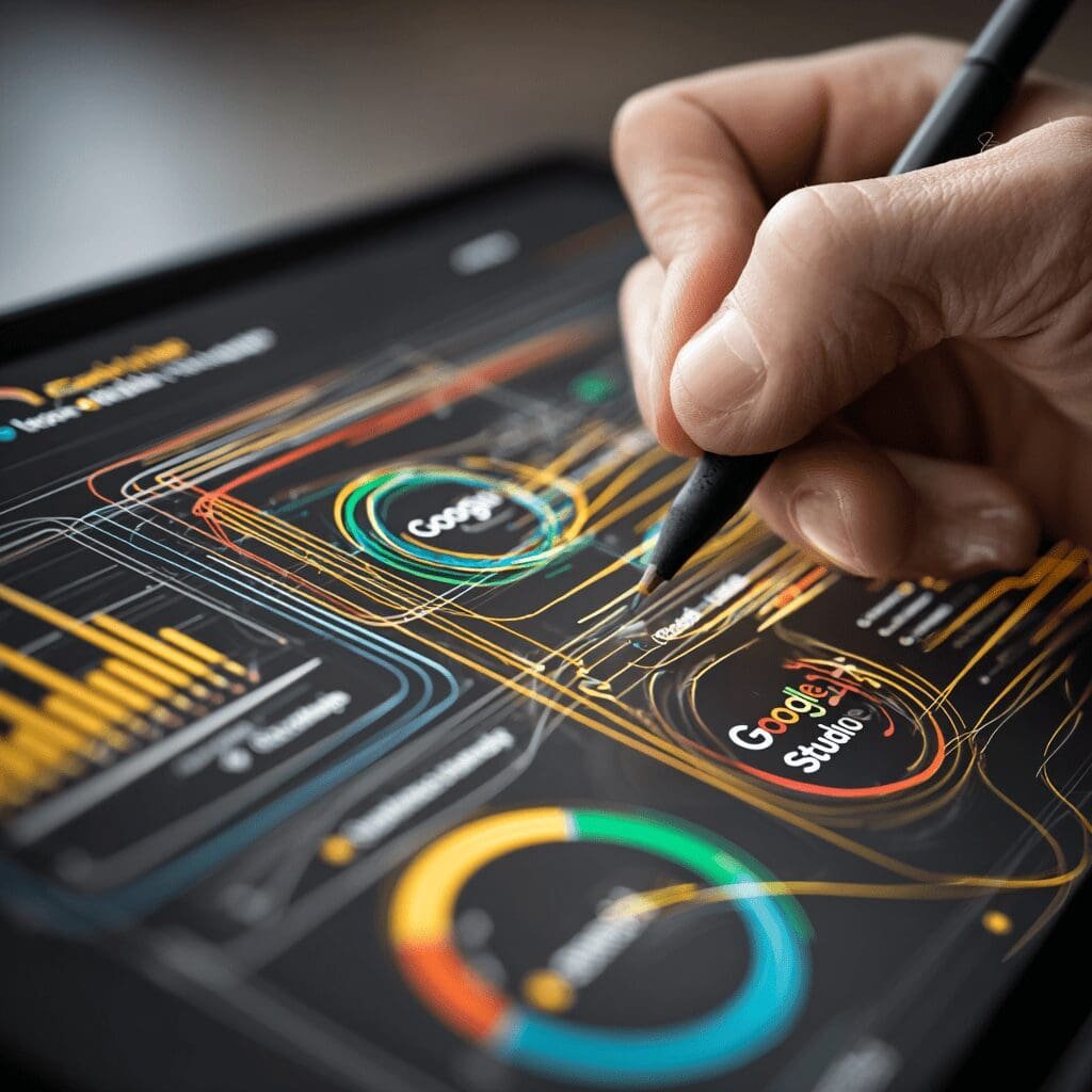 Close-up of a hand using a stylus on a digital tablet displaying a Google Data Studio analytics dashboard with colorful charts and graphs.