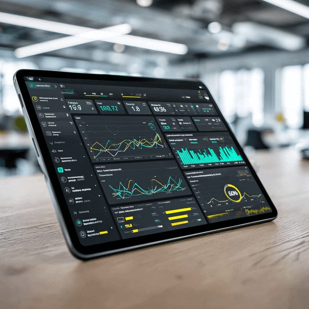 Tablet on a desk displaying a real-time performance dashboard in dark mode with vibrant data visualizations.