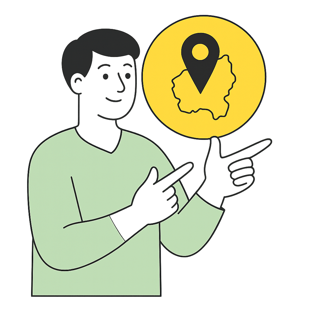 Rugby UK Map Pin Location Marker Illustration Illustration of a man in a green shirt pointing at a yellow badge with a black map pin marking Rugby, UK.