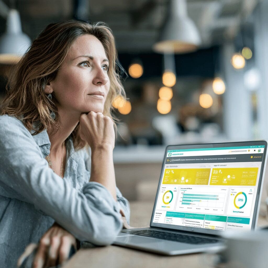 Thoughtful woman in a modern café looking at a digital performance dashboard on her laptop.