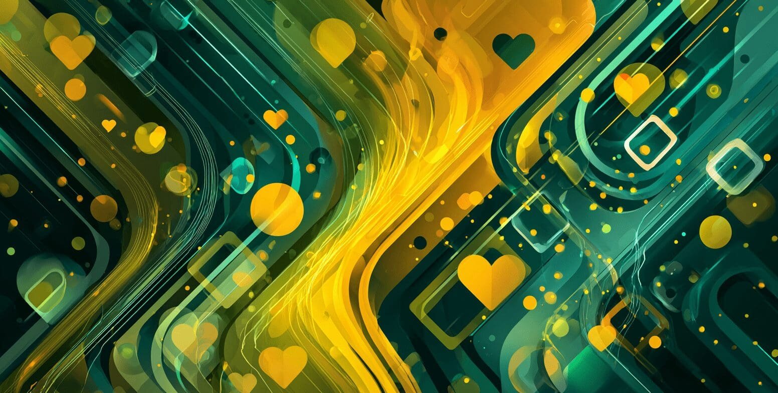Abstract digital flow with heart and geometric shapes in yellow and green tones.