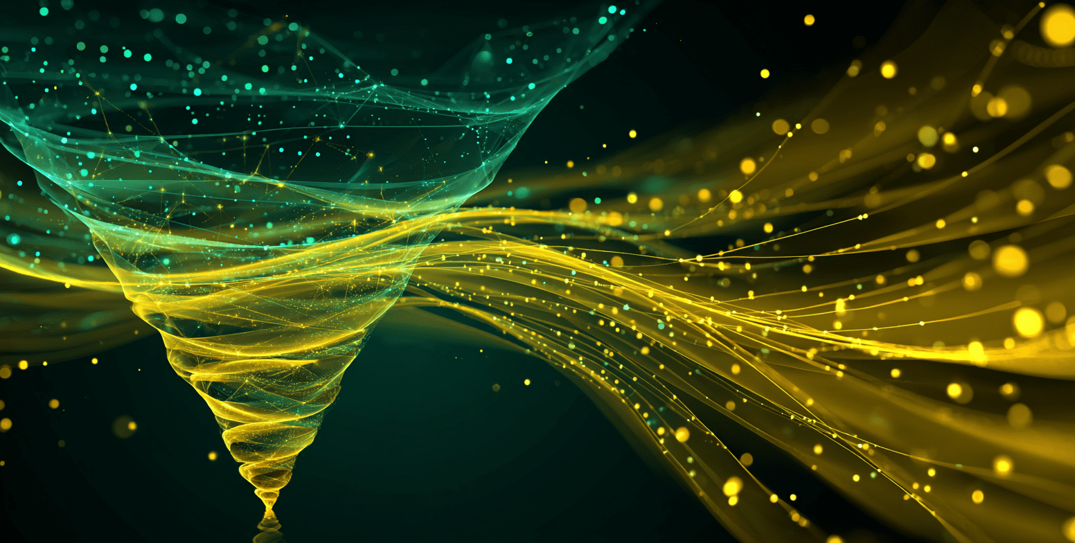 Dynamic digital vortex with yellow and green swirling data lines on a dark background.