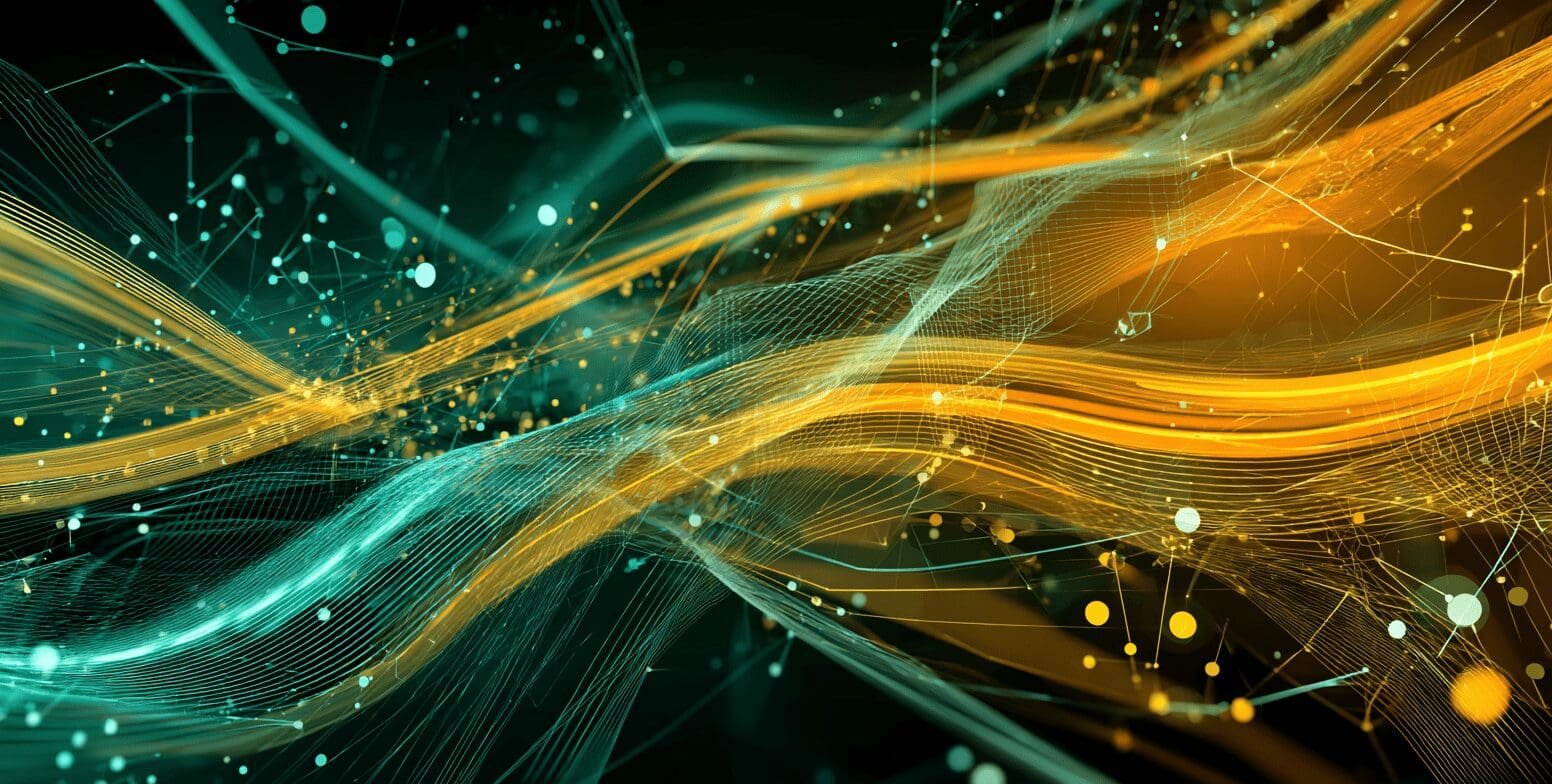 Abstract visualization of digital network data flow with teal and orange energy streams on a dark background.