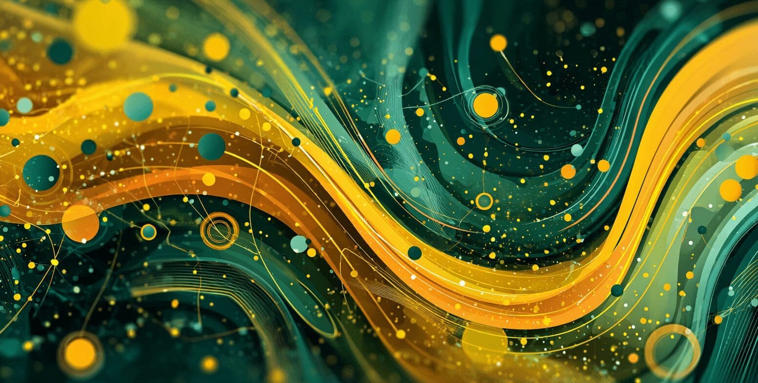 Flowing abstract data wave in yellow and green with particles on a dark background.